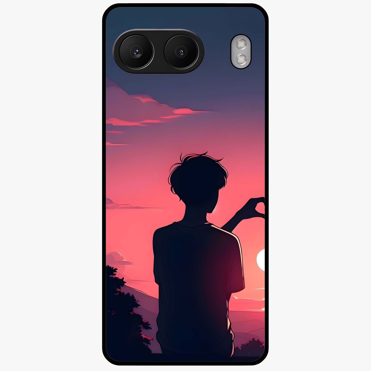 Sunset Silhouette Girl Glass Case for 1+Nord 4 aesthetic front view featuring girl silhouette under glowing sunset sky
