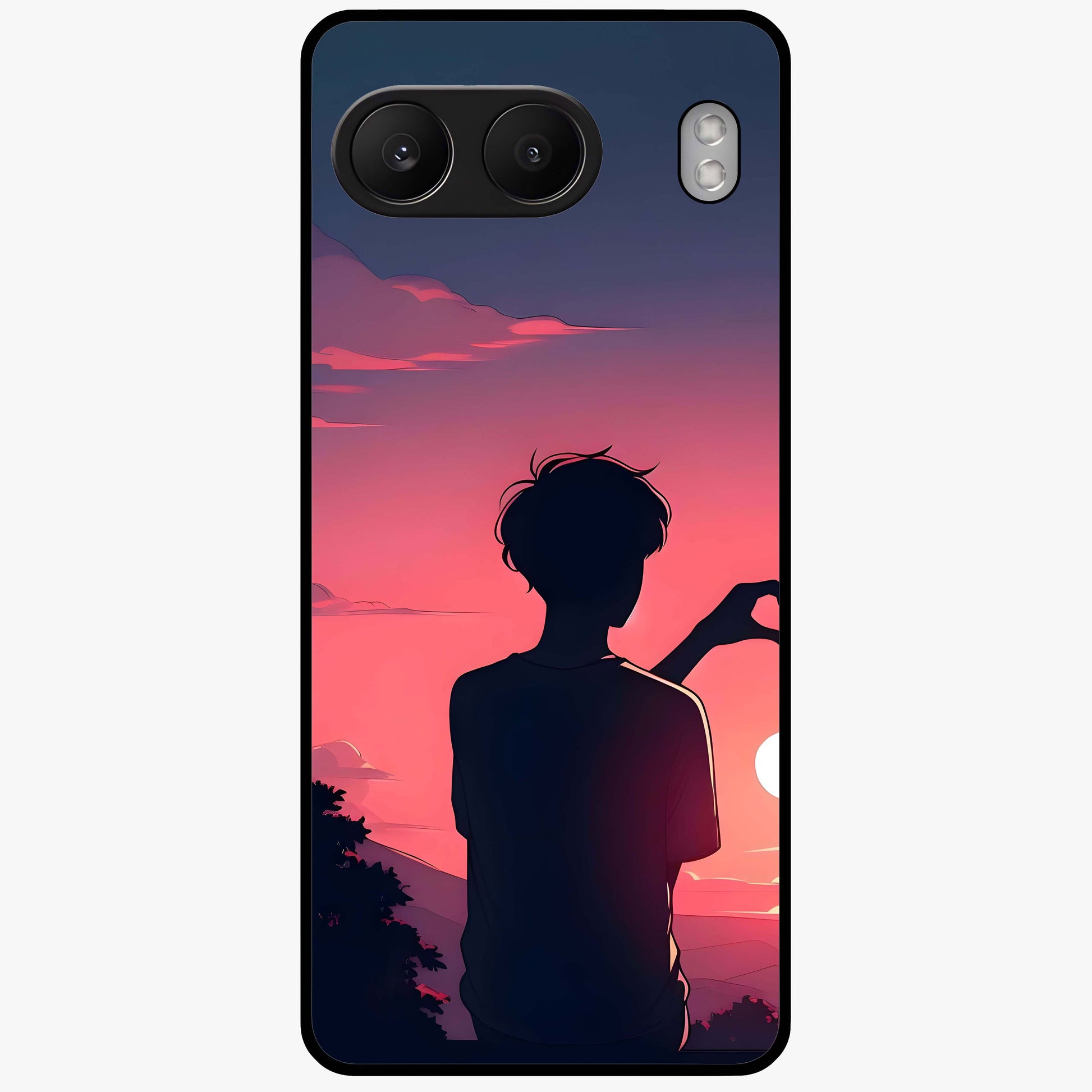 Sunset Silhouette Girl Glass Case for 1+Nord 4 aesthetic front view featuring girl silhouette under glowing sunset sky