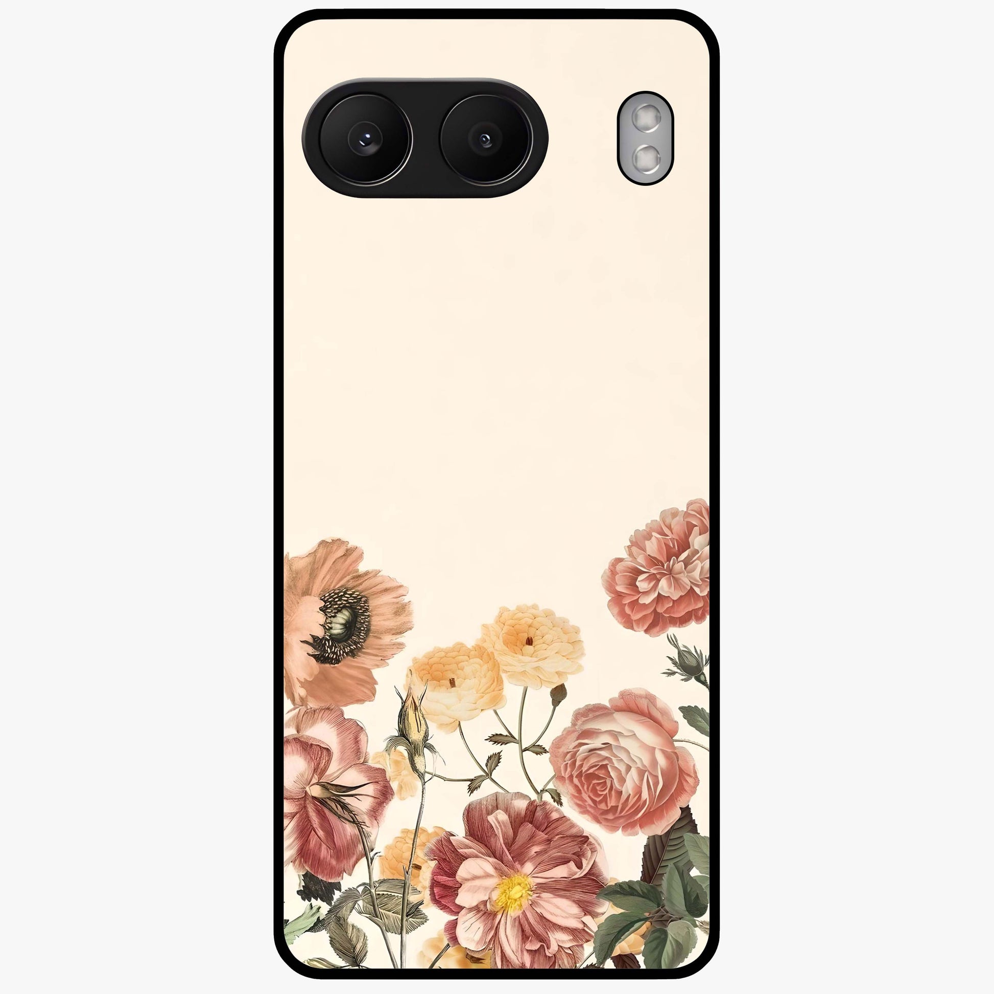 Timeless Garden Romance Glass Case for 1+Nord 4 elegant front view featuring classic floral garden artwork