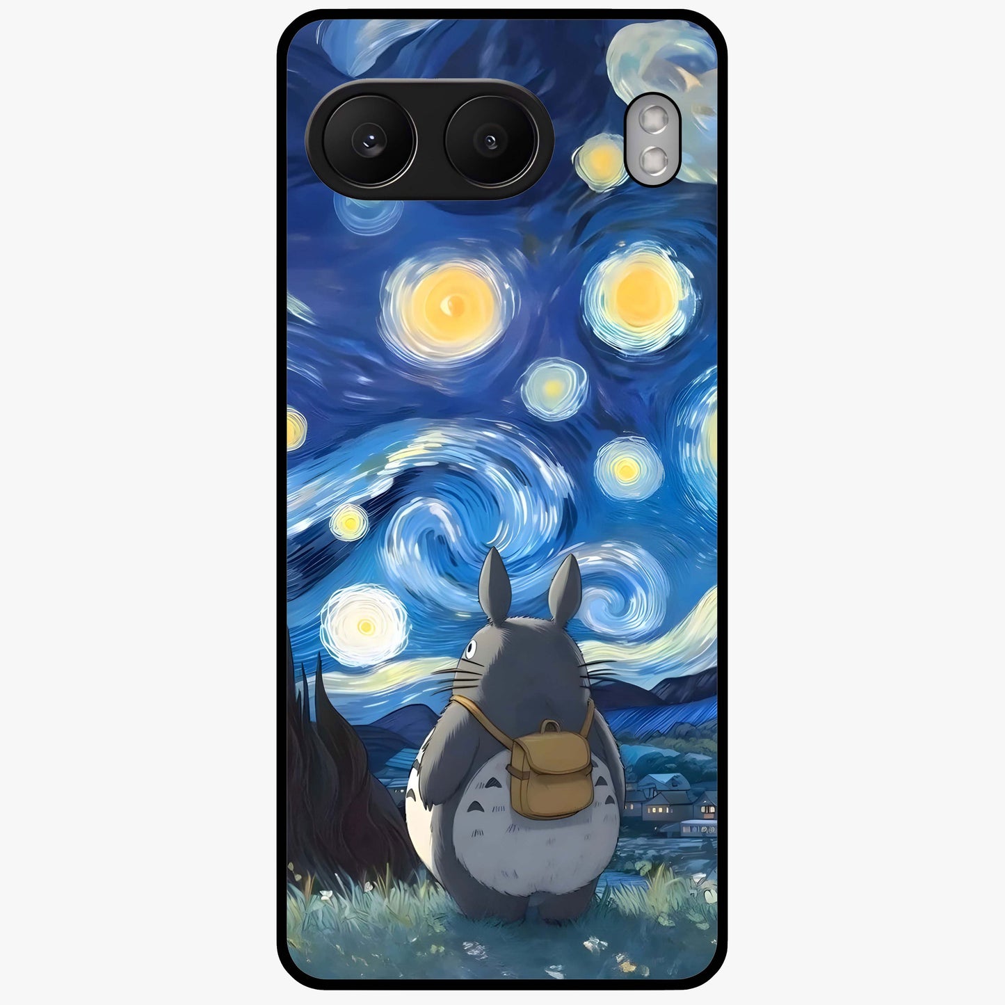 Totoro in Van Gogh Art Glass Case for 1+Nord 4 artistic front view featuring whimsical character artwork in painterly style