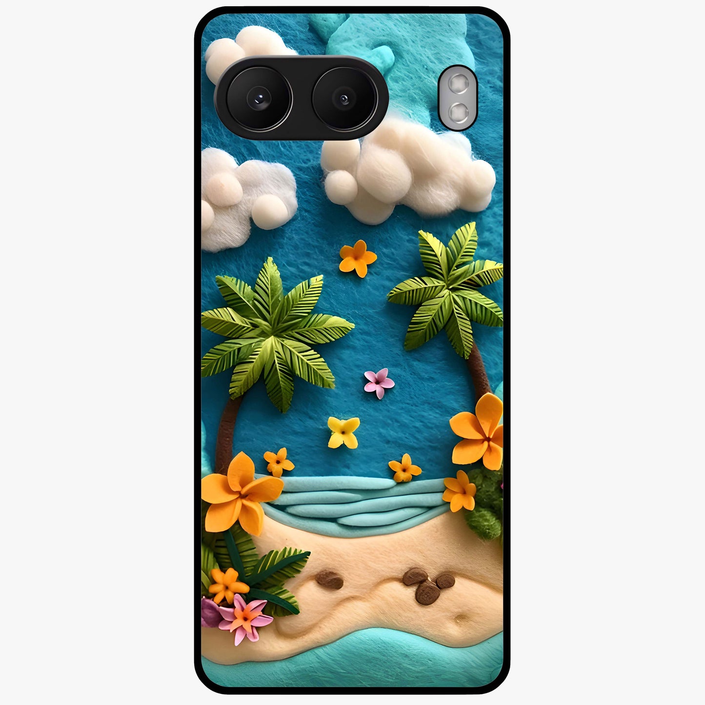 Tropical Felt Escape Glass Case for 1+Nord 4 refreshing front view featuring tropical inspired artistic artwork