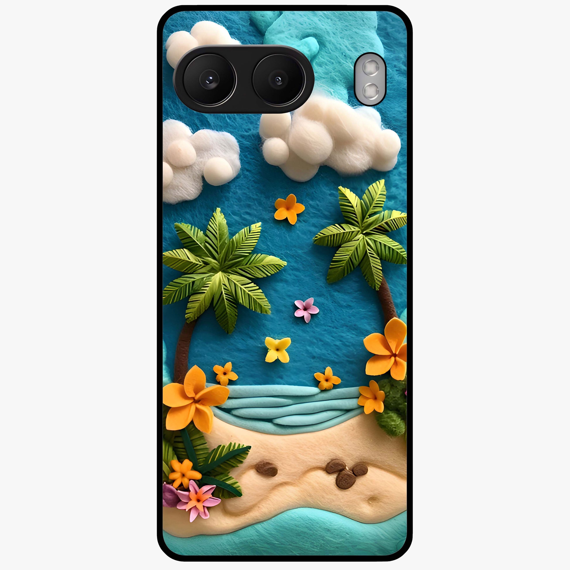 Tropical Felt Escape Glass Case for 1+Nord 4 refreshing front view featuring tropical inspired artistic artwork
