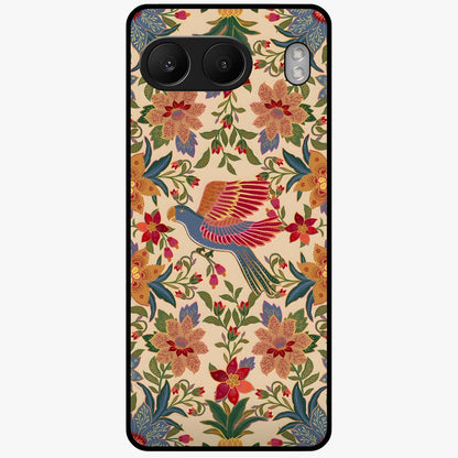 Tropical Folk Art Bird Glass Case for 1+Nord 4 artistic front view featuring colorful bird artwork in folk style