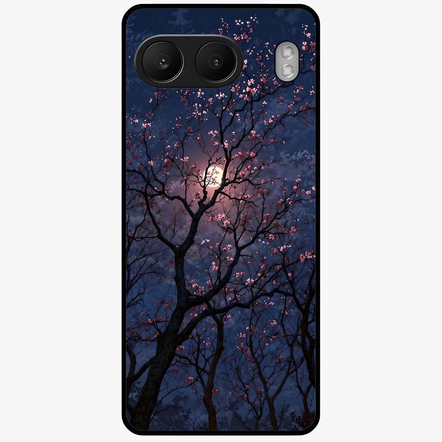 Twilight Sakura Serenade Glass Case for 1+Nord 4 elegant front view featuring cherry blossom artwork under twilight sky