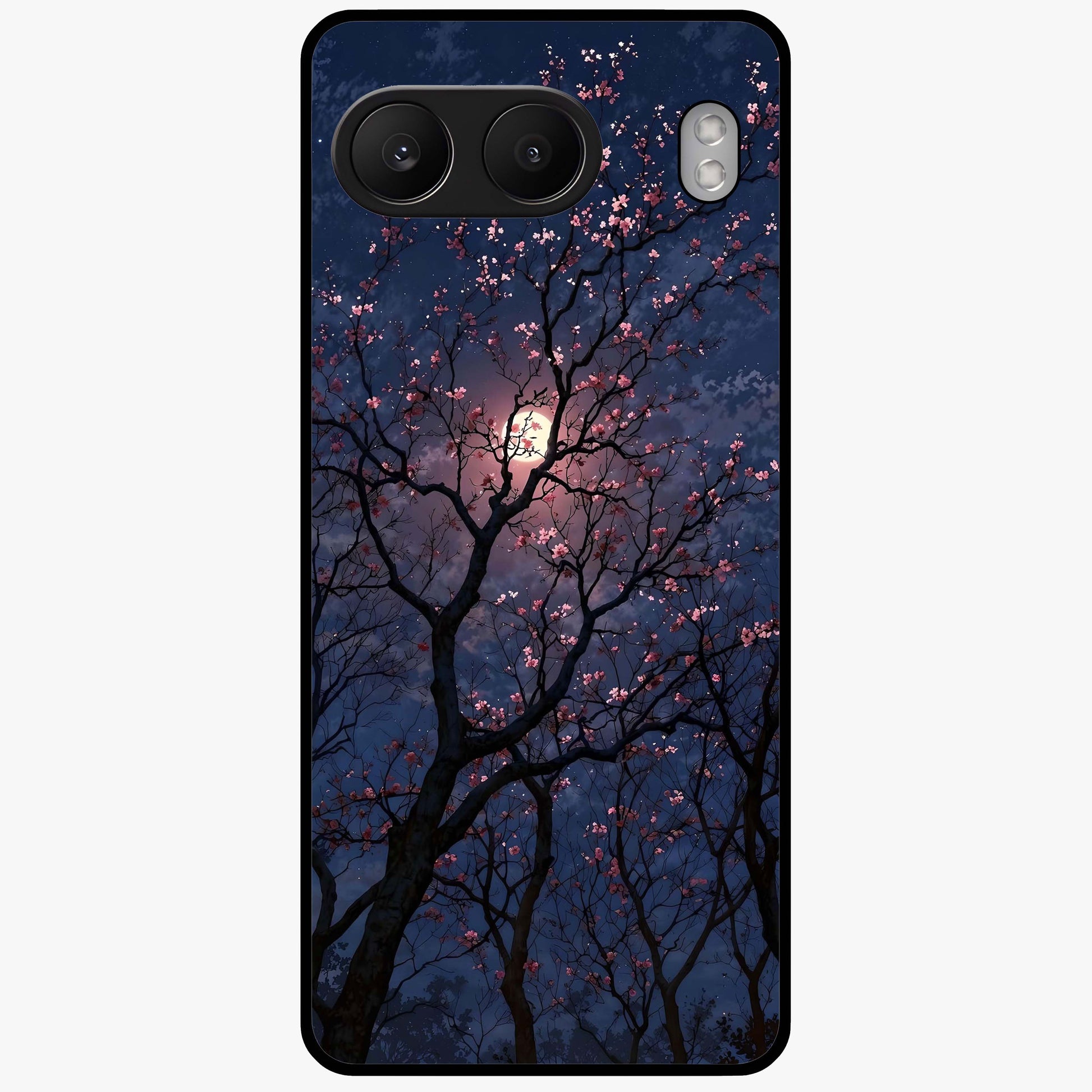 Twilight Sakura Serenade Glass Case for 1+Nord 4 elegant front view featuring cherry blossom artwork under twilight sky