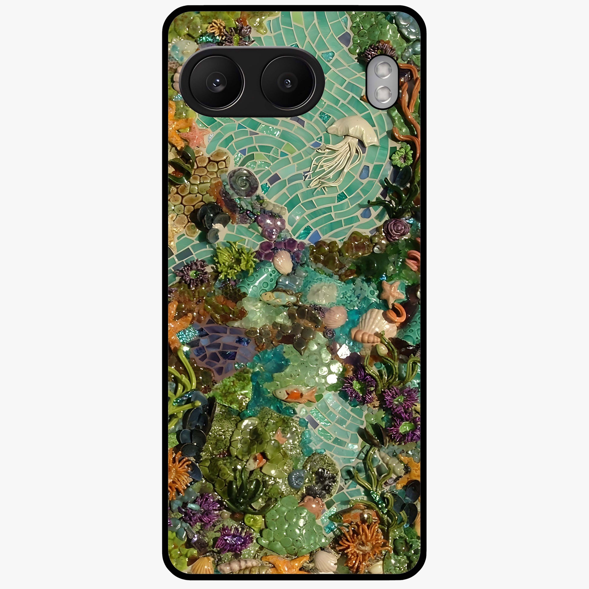 Underwater Mosaic Art Glass Case for 1+Nord 4 artistic front view featuring mosaic inspired underwater artwork