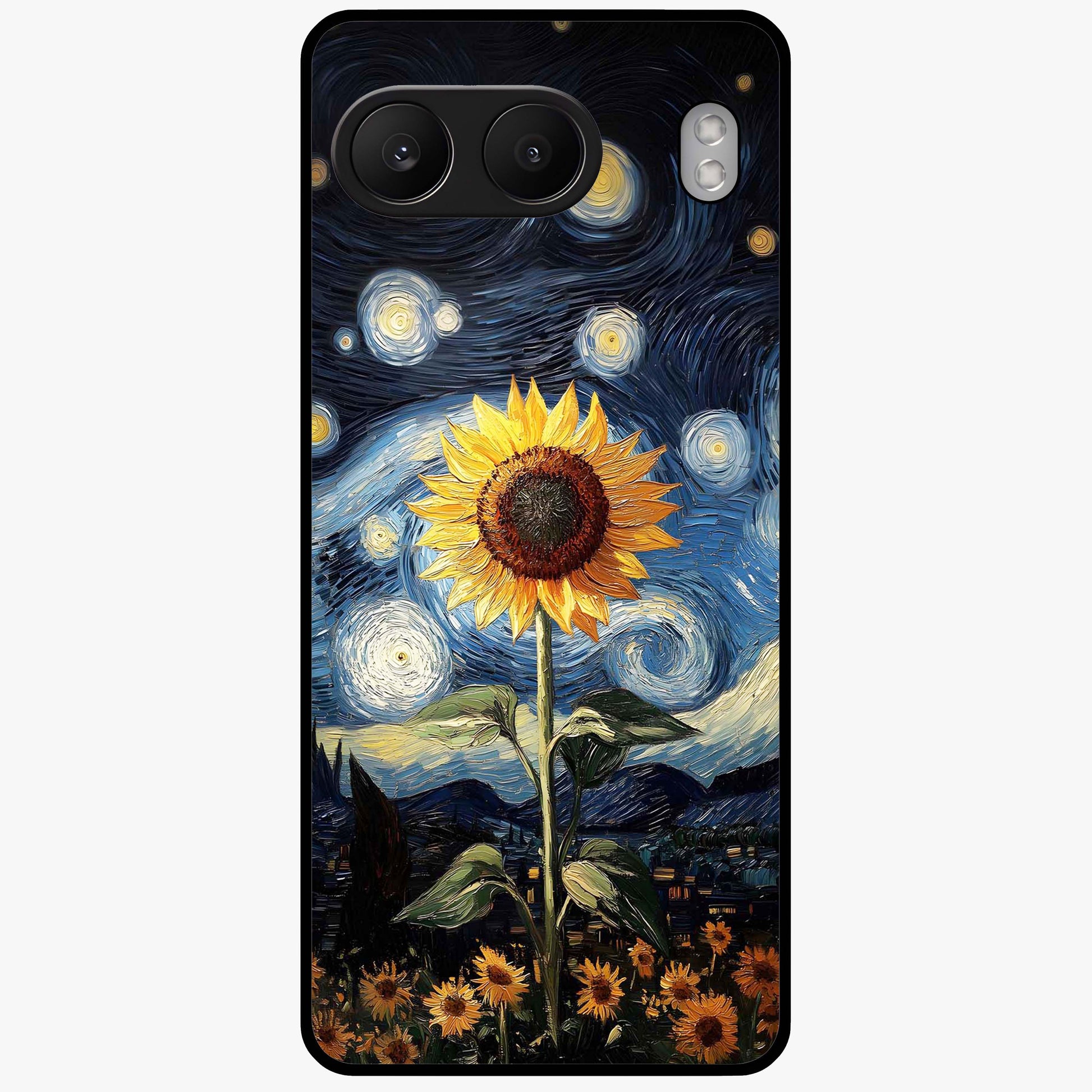 Van Gogh Sunflower Glass Case for 1+Nord 4 vibrant front view featuring sunflower artwork in painterly style