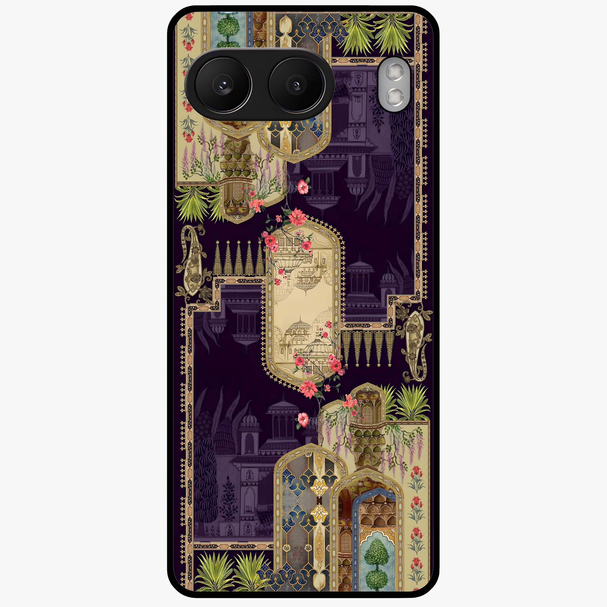 Velvet Mughal Art Glass Case for 1+Nord 4 luxurious front view featuring intricate Mughal inspired artwork