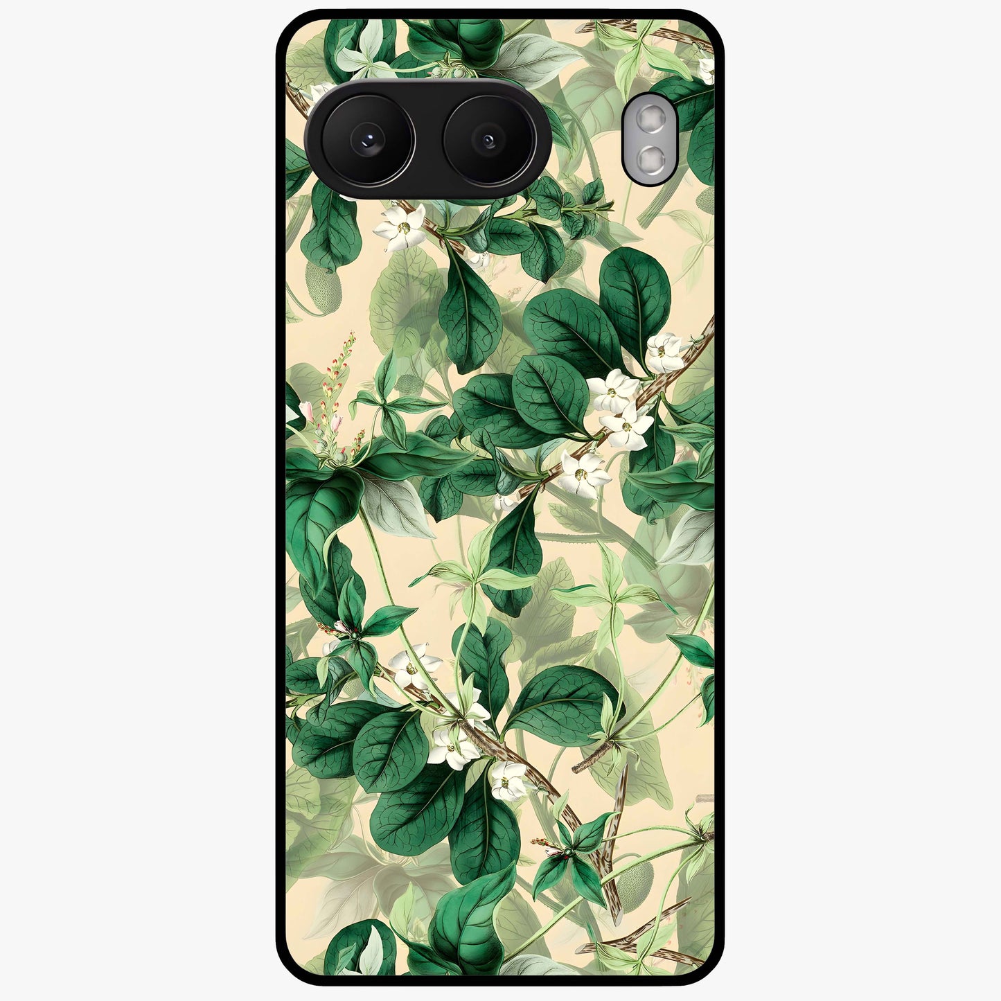Verdant Garden Whispers Glass Case for 1+Nord 4 serene front view featuring lush green floral artwork