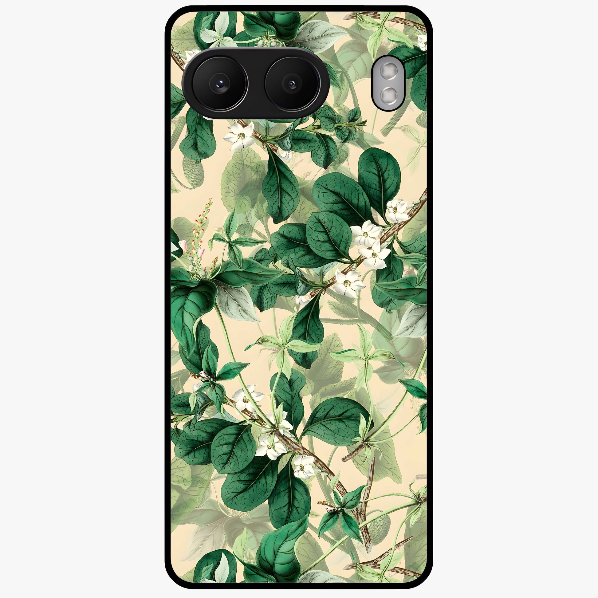 Verdant Garden Whispers Glass Case for 1+Nord 4 serene front view featuring lush green floral artwork