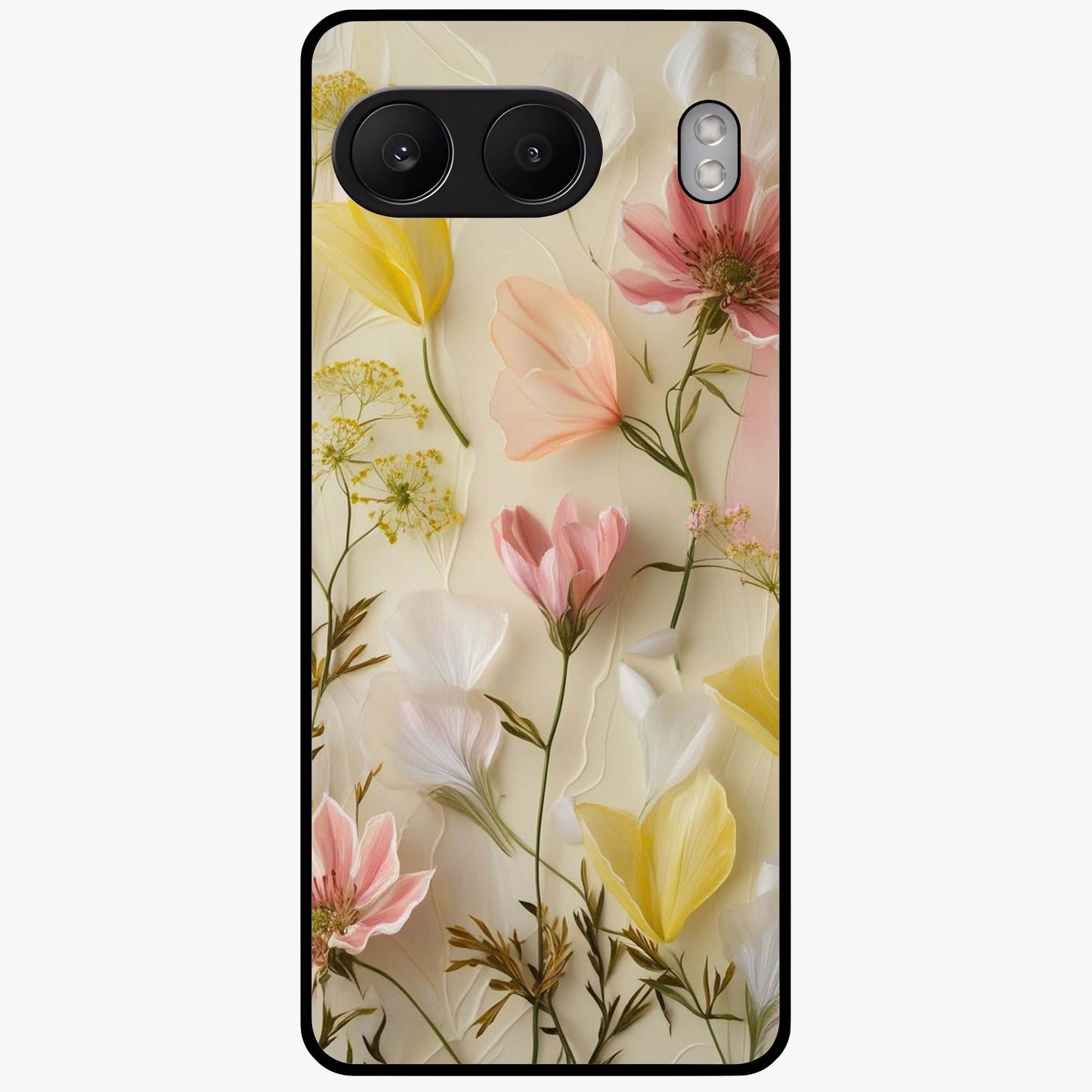 Whispering Petal Harmony Glass Case for 1+Nord 4 elegant front view featuring soft floral artwork in pastel tones