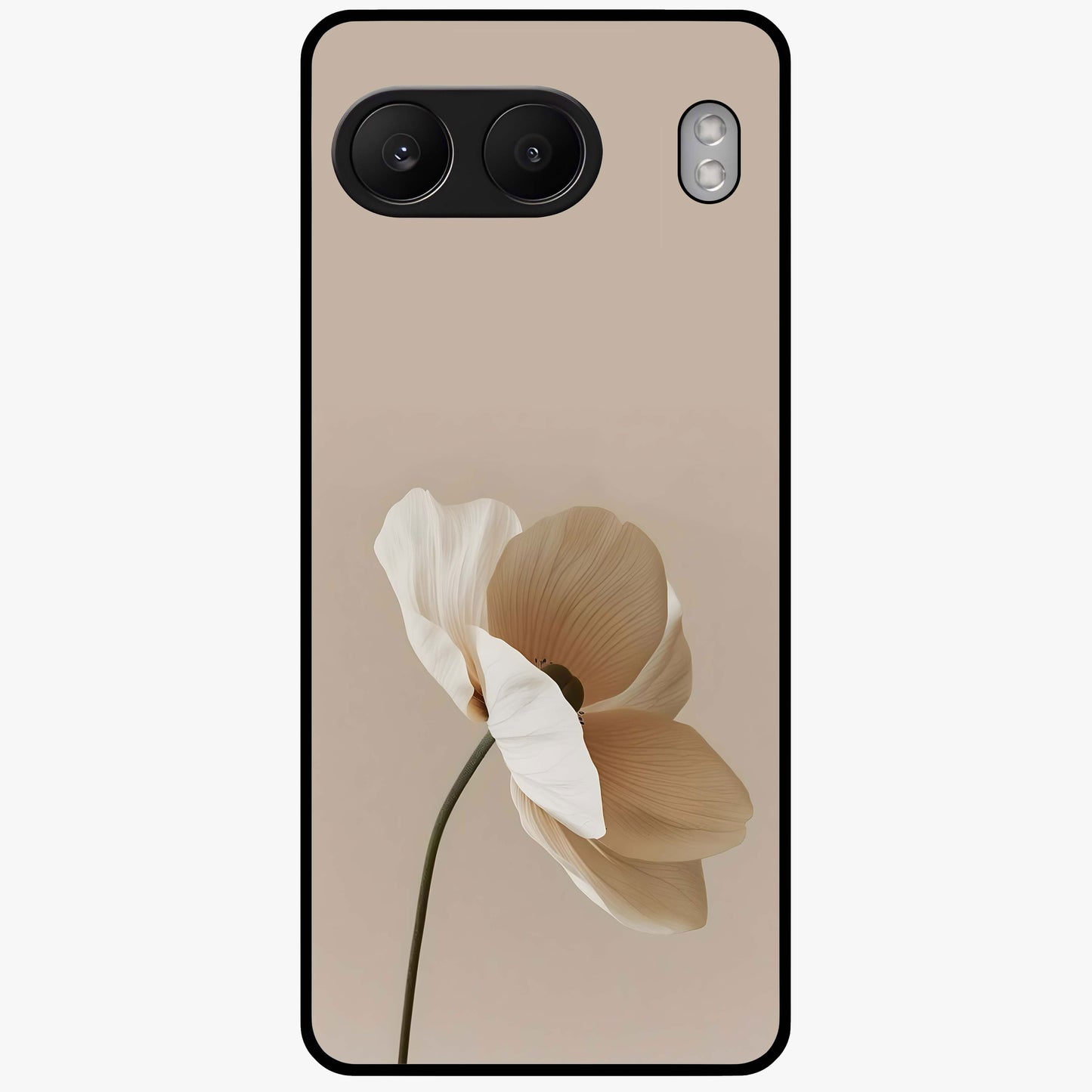Whispering Petals Glass Case for 1+Nord 4 graceful front view featuring subtle floral artwork with airy vibe