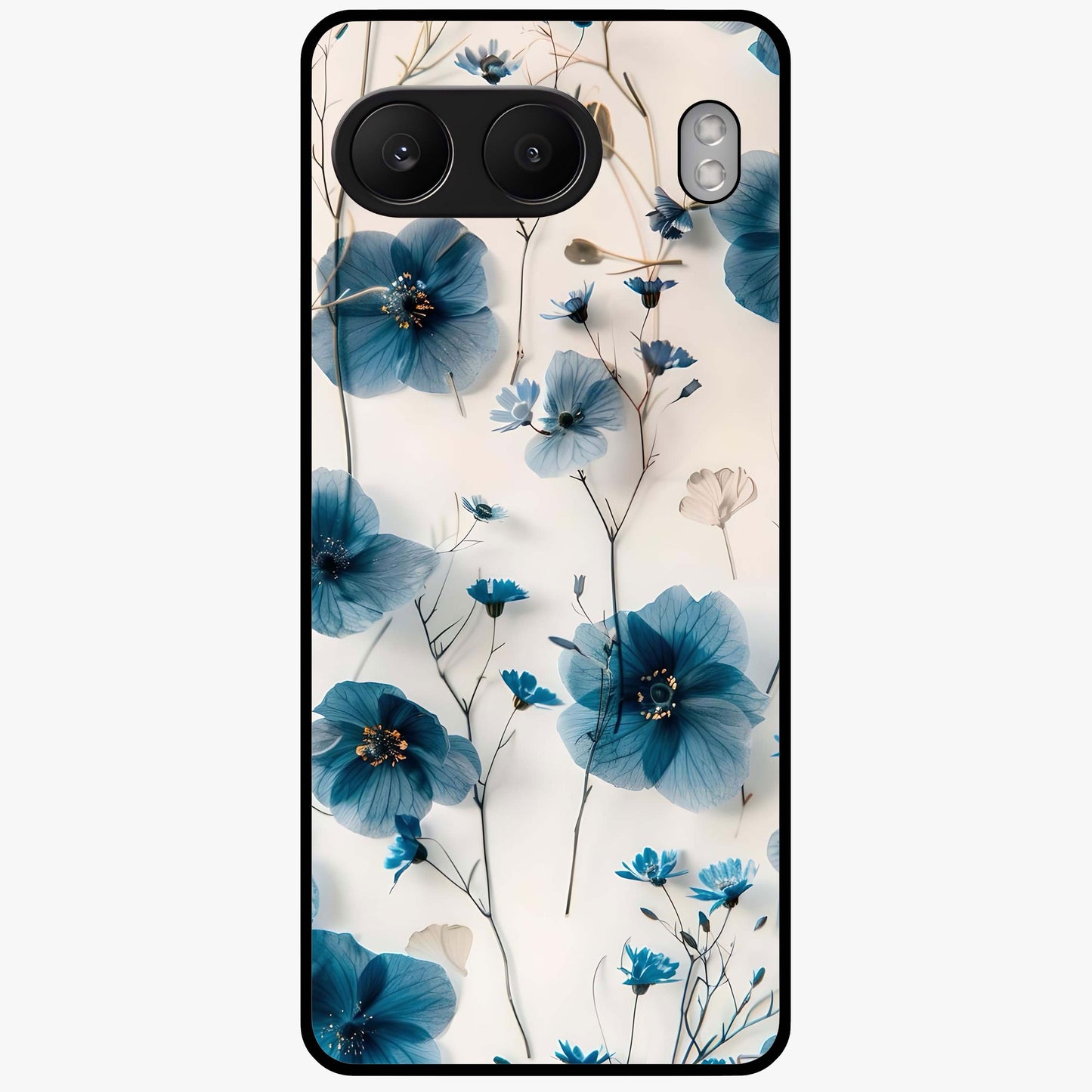 Whispers of Blue Bloom Glass Case for 1+Nord 4 vibrant front view featuring blue floral artwork with soft glow