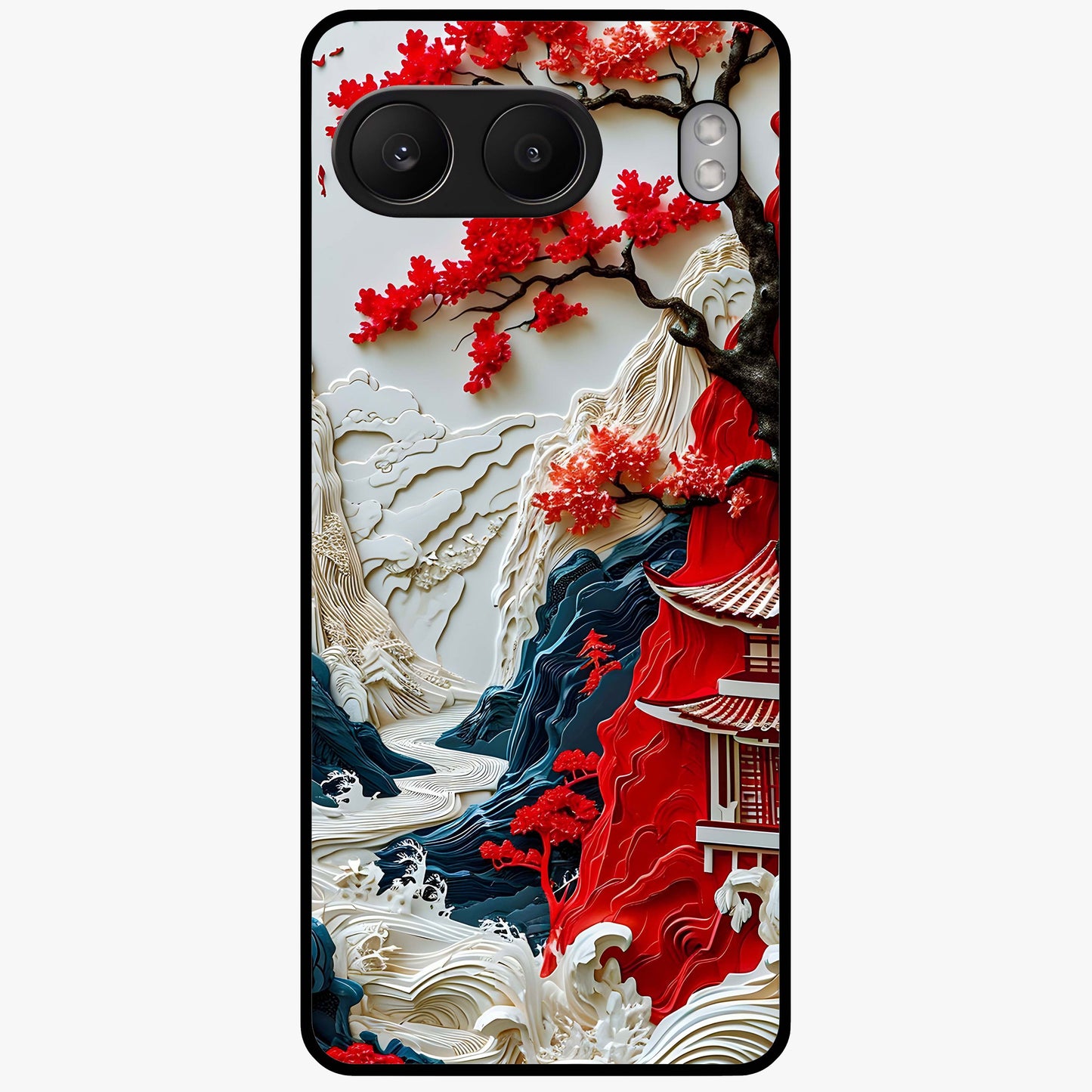 Whispers of Sakura Waves Glass Case for 1+Nord 4 artistic front view featuring cherry blossom artwork blended with flowing waves