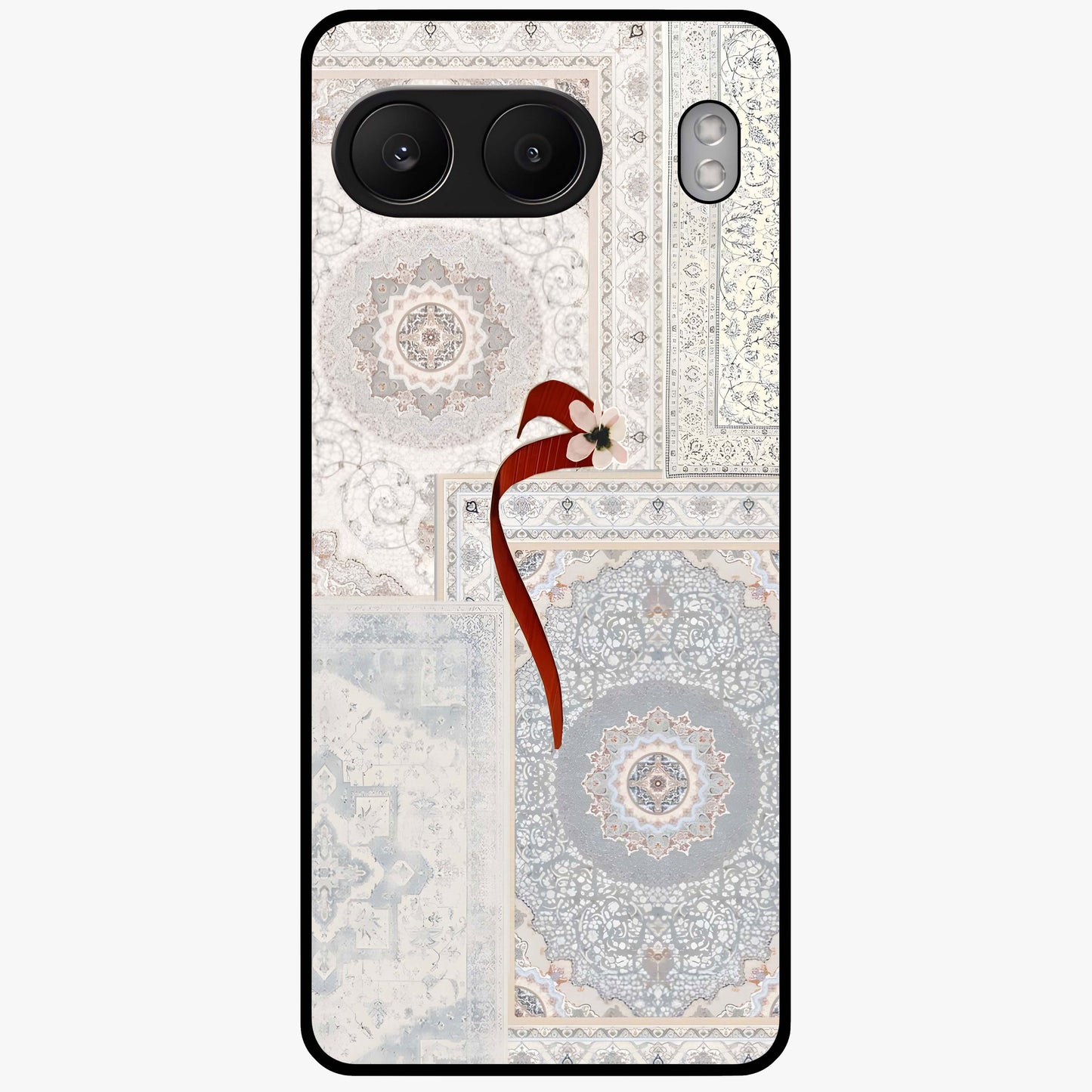 White Aesthetic Bow Glass Case for 1+Nord 4 clean front view featuring minimal bow artwork in soft white tones
