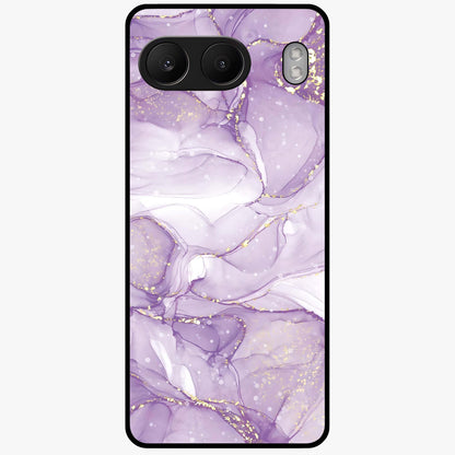White and Purple Marble Glass Case for 1+Nord 4 elegant front view featuring marble texture artwork in white and violet tones