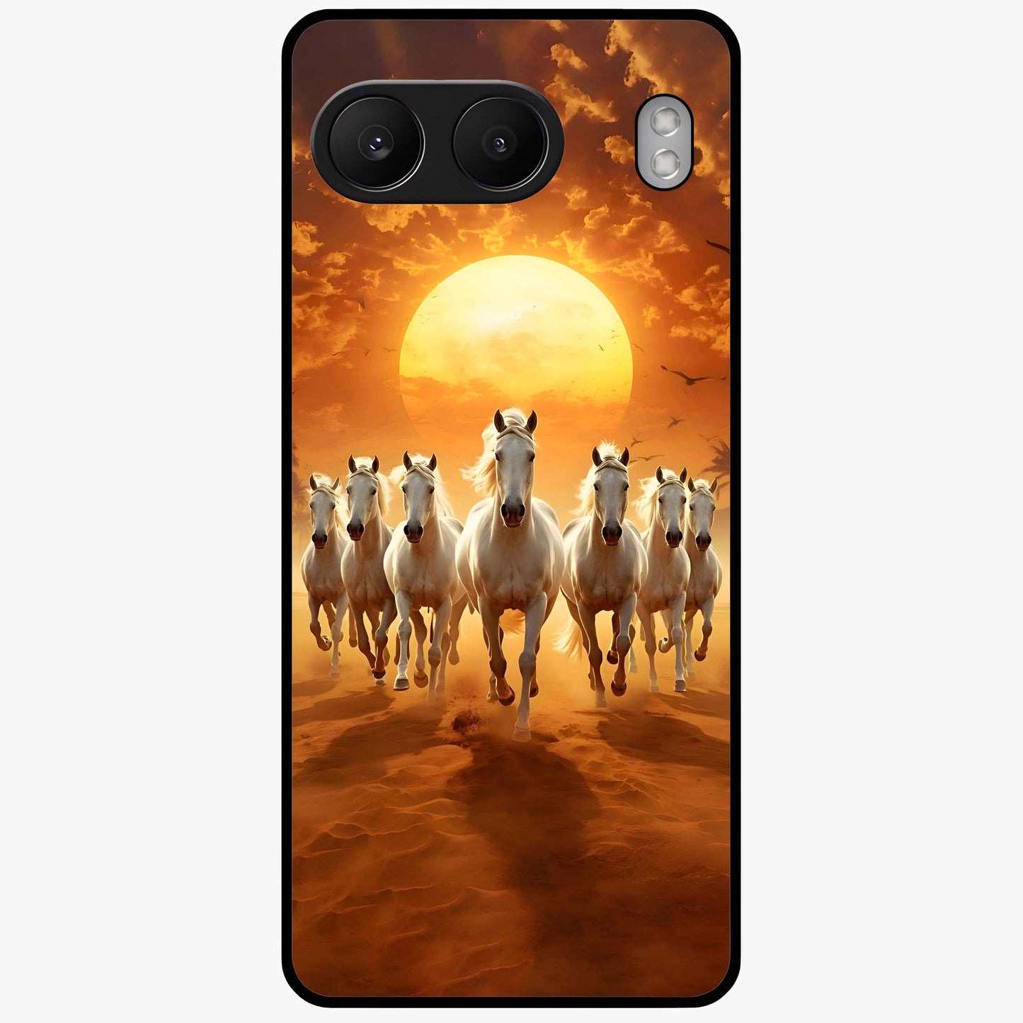 Wild Sunset Majesty Glass Case for 1+Nord 4 dramatic front view featuring bold sunset landscape artwork