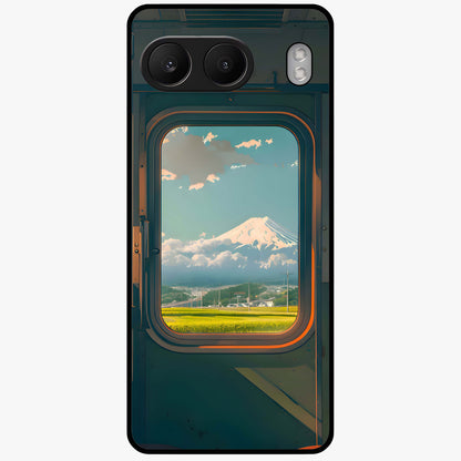 Window to Fuji Glass Case for 1+Nord 4 scenic front view featuring Mount Fuji artwork framed through a window design