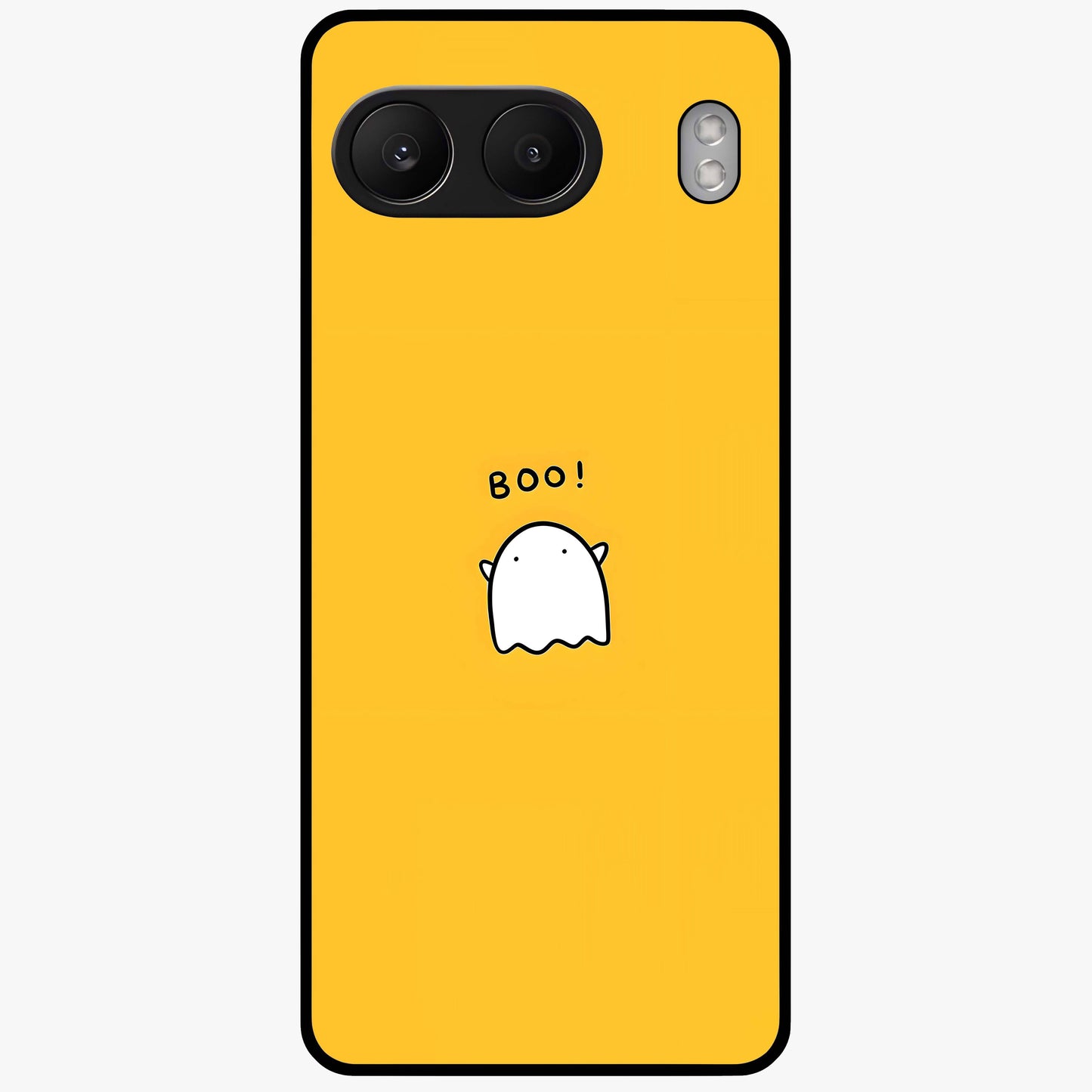 Yellow Boo Ghost Glass Case for 1+Nord 4 playful front view featuring cute ghost artwork in vibrant yellow tones