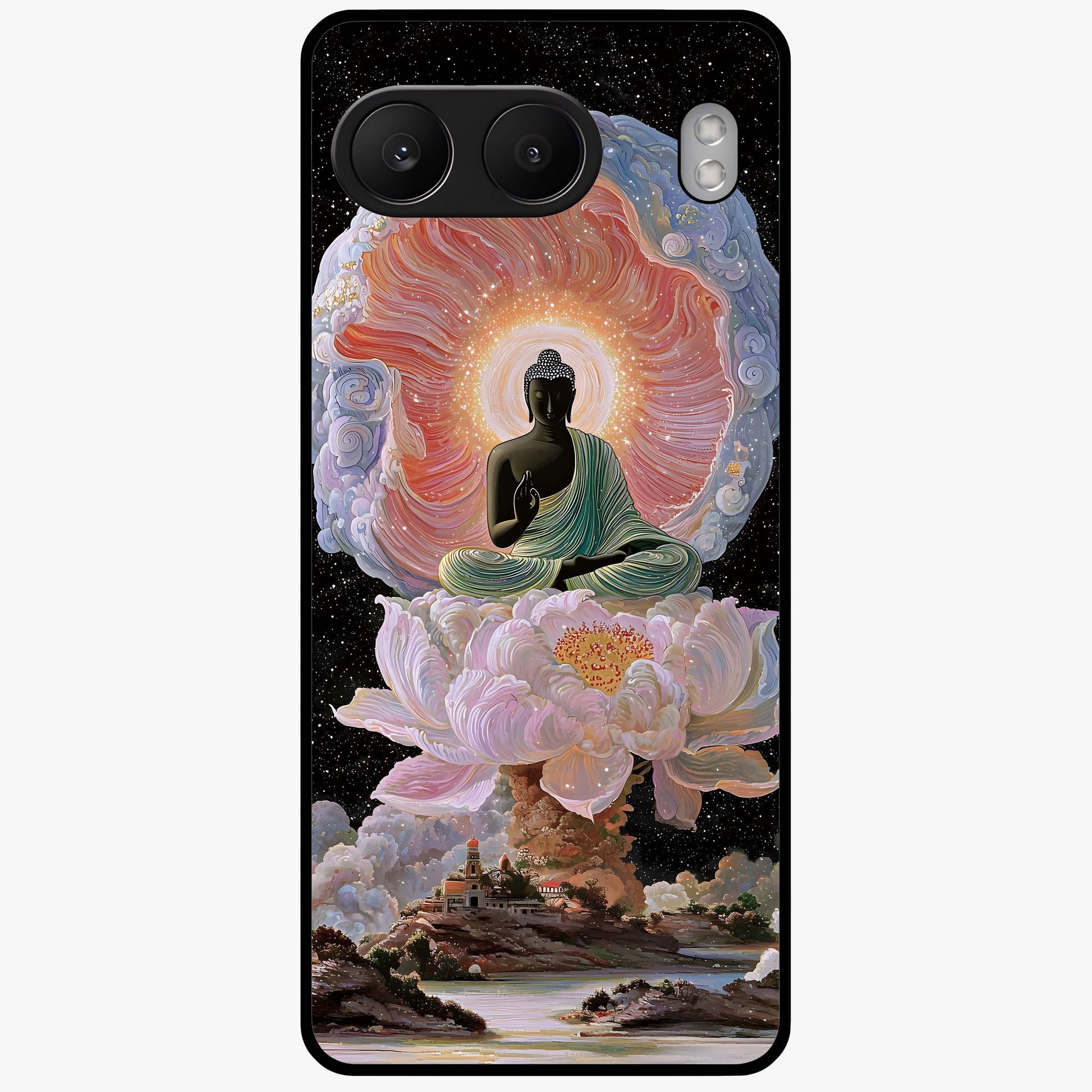 Zen Lotus Realm Glass Case for 1+Nord 4 peaceful front view featuring lotus artwork with calm spiritual tones