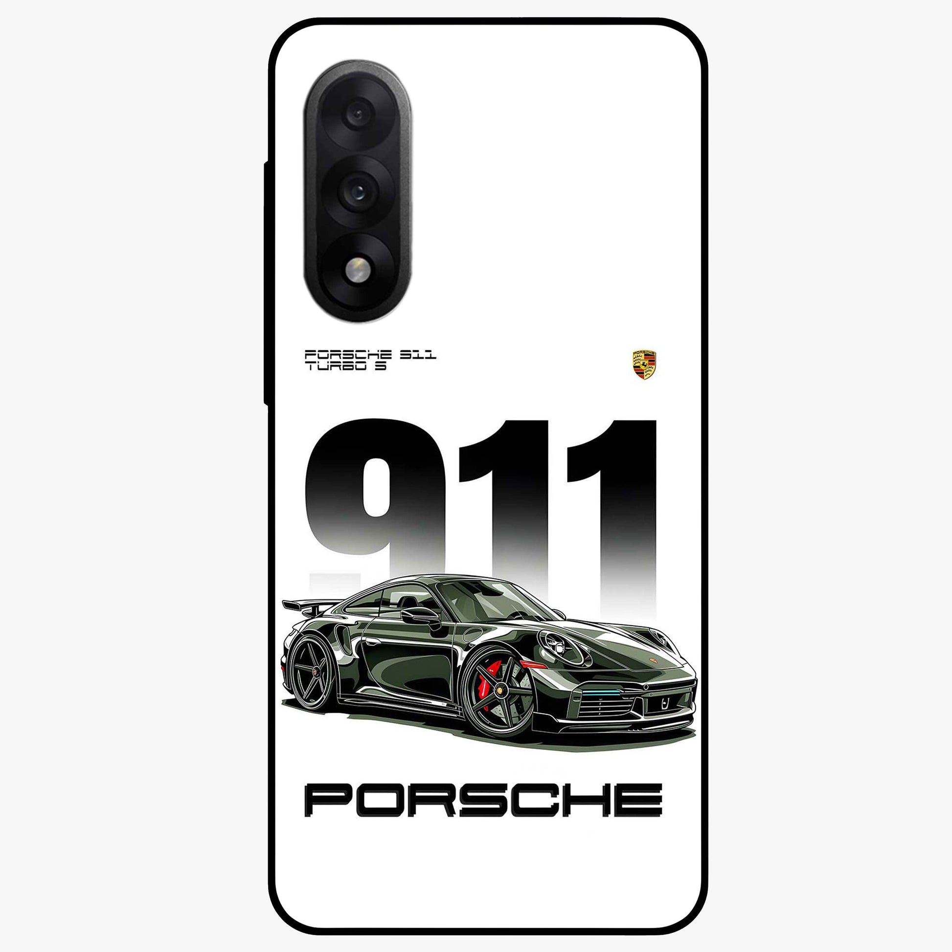 911 Turbo Dominance Glass Case for 1+Nord 5 bold front view featuring large 911 graphic and detailed green Porsche sports car artwork