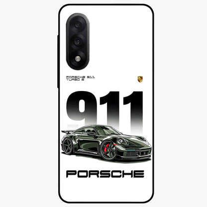 911 Turbo Dominance Glass Case for 1+Nord 5 bold front view featuring large 911 graphic and detailed green Porsche sports car artwork