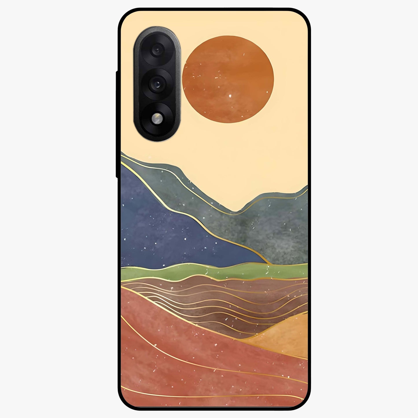 Abstract Mountain Glow Glass Case for 1+Nord 5 front view featuring glowing mountain landscape artwork