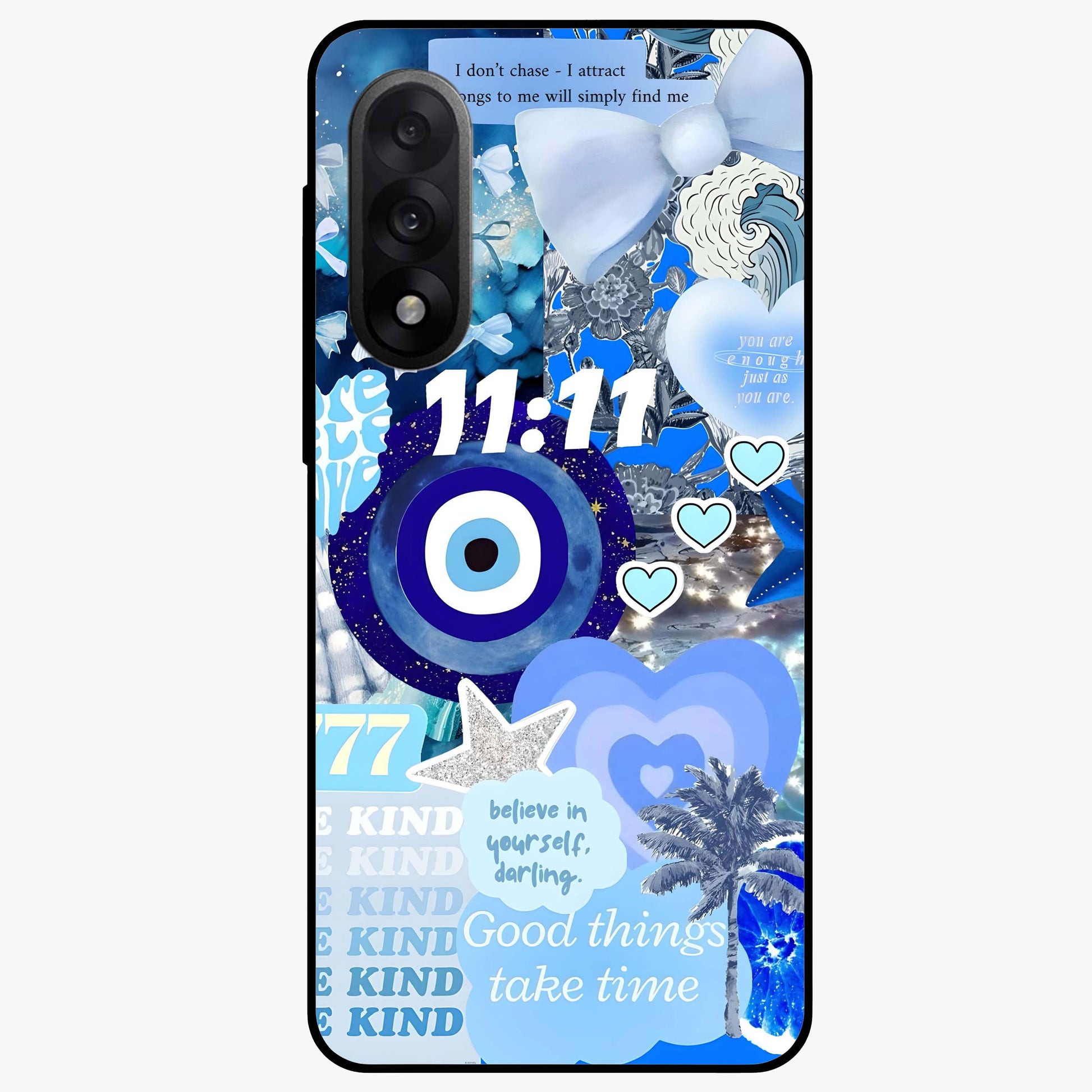Aesthetic Be Kind Eye Glass Case for 1+Nord 5 front view featuring minimal eye illustration with positive message