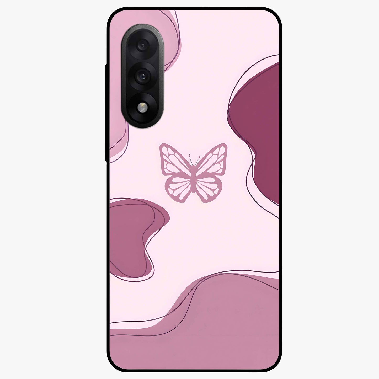 Aesthetic Pinkish Custom Name Butterfly Glass Case for 1+Nord 5 elegant front view featuring pink butterfly artwork with personalized name design