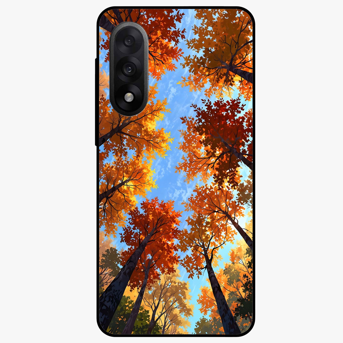 Amber Canopy Glow Glass Case for 1+Nord 5 warm front view featuring glowing forest canopy artwork