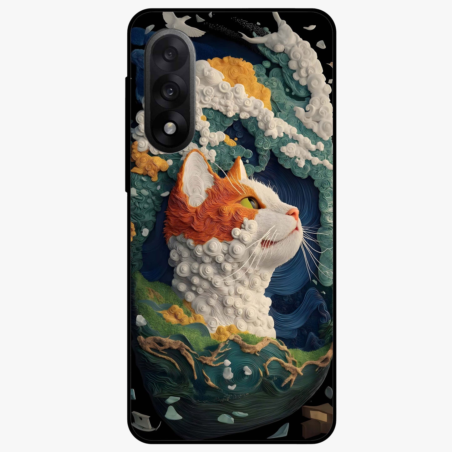 Aurora Cat Dreams Glass Case for 1+Nord 5 dreamy front view featuring glowing cat artwork with aurora tones