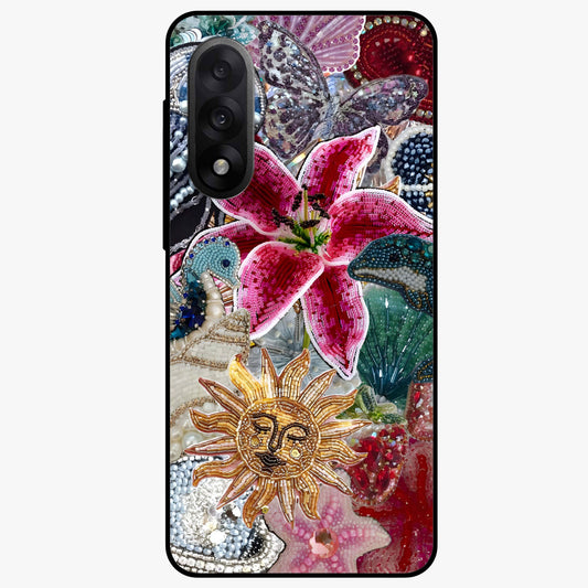 Beaded Garden Fantasy Glass Case for 1+Nord 5 front view featuring colorful beaded floral garden artwork