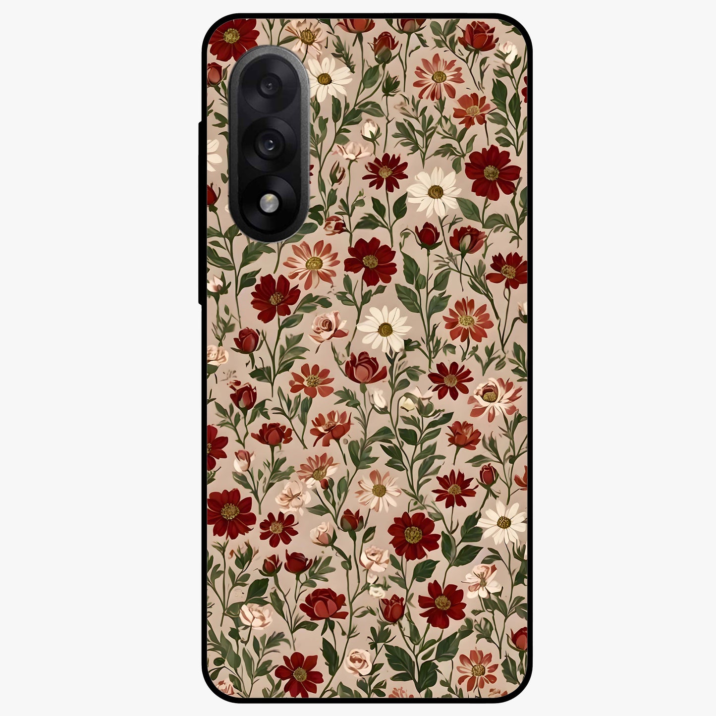 Biege Flower With Leaf Glass Case for 1+Nord 5 front view featuring soft beige floral artwork with leaf detailing