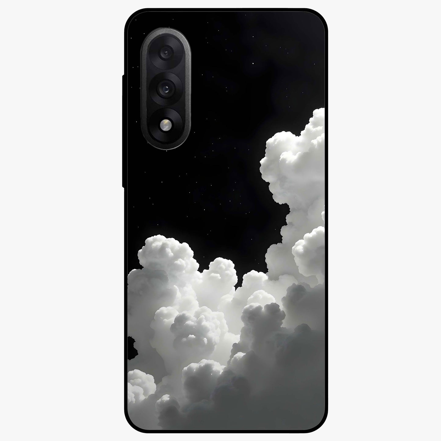 Black Background With White Cloud Glass Case for 1+Nord 5 striking front view featuring white cloud artwork on deep black backdrop