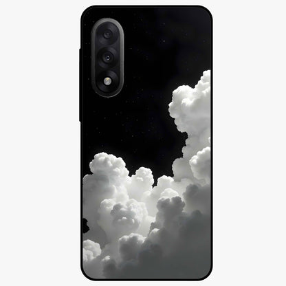Black Background With White Cloud Glass Case for 1+Nord 5 striking front view featuring white cloud artwork on deep black backdrop