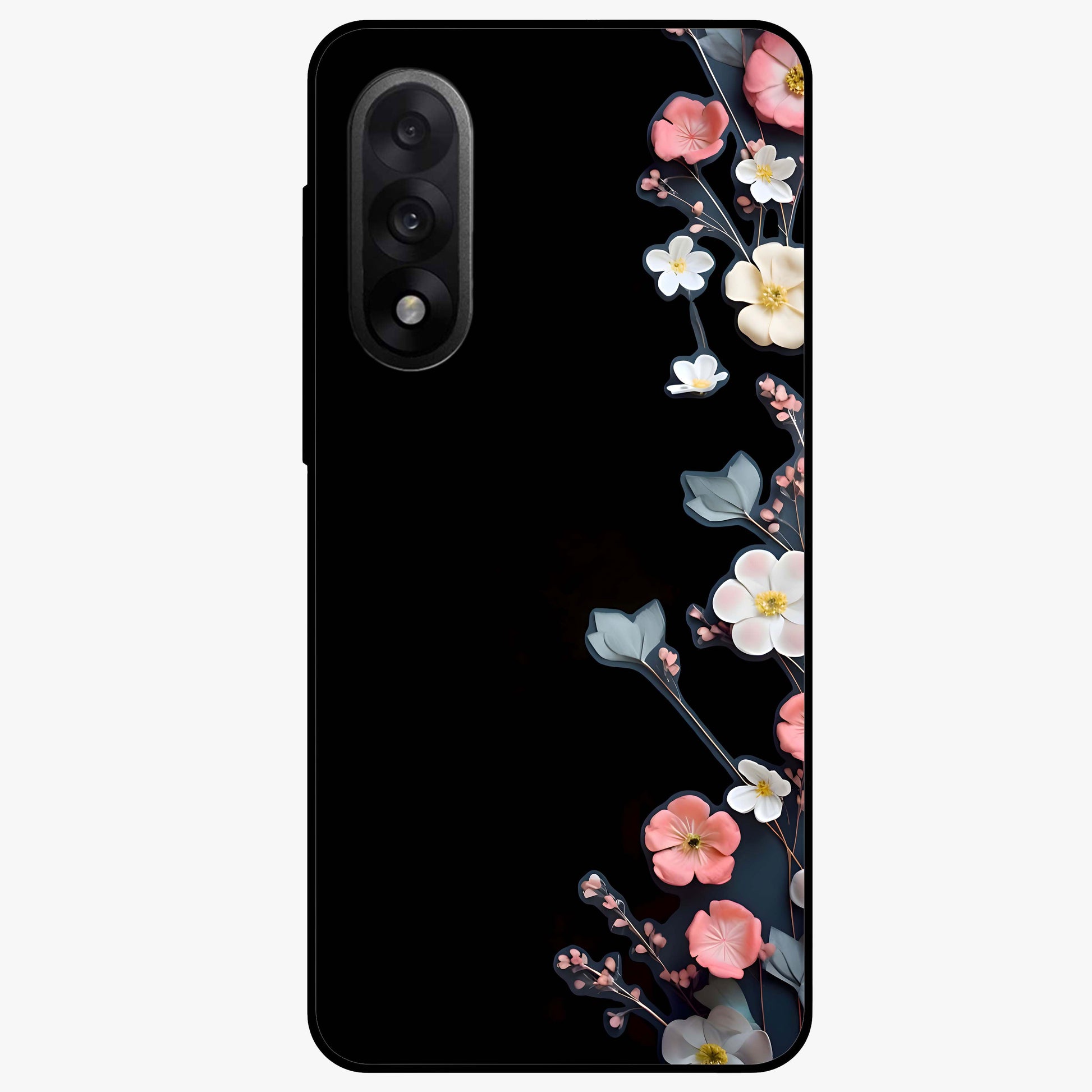 Black Elegance Floral Custom Name Glass Case for 1+Nord 5 luxurious front view featuring floral artwork with personalized name design