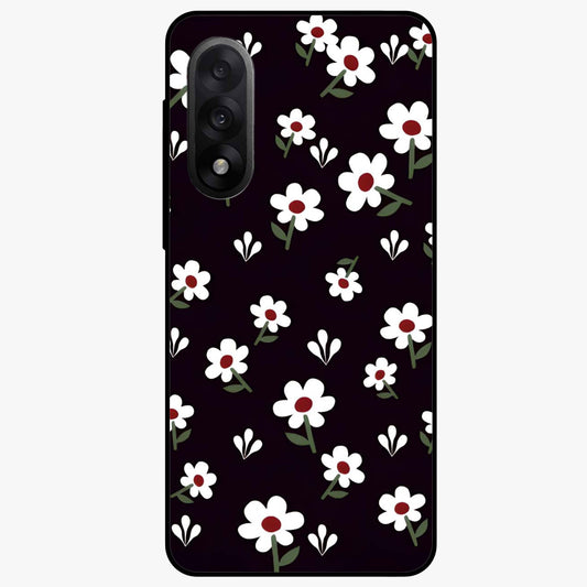 Black Prints Daisy Flower Pattern Glass Case for 1+Nord 5 front view featuring white daisy floral artwork on black base