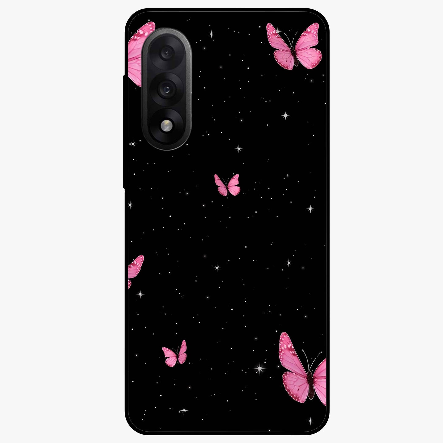 Blinking Butterfly Glass Case for 1+Nord 5 showing full back design in clean flat view with delicate butterfly artwork and glossy glass finish.