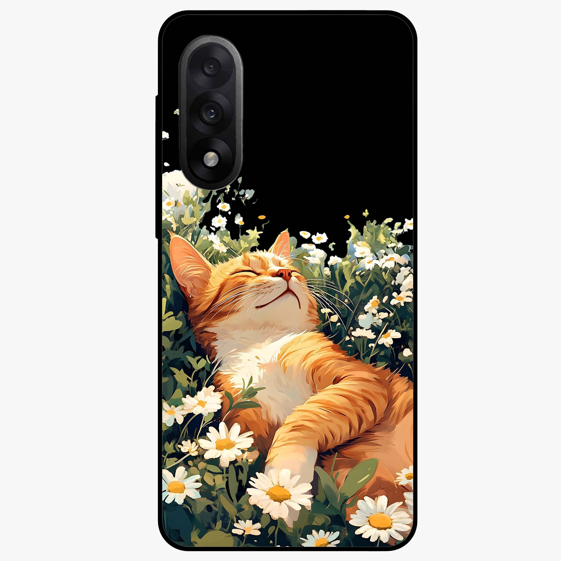 Blissful Bloom Cat Glass Case for 1+Nord 5 charming front view featuring floral cat artwork with soft aesthetic tones