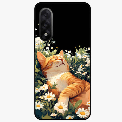 Blissful Bloom Cat Glass Case for 1+Nord 5 charming front view featuring floral cat artwork with soft aesthetic tones