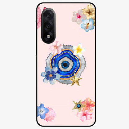 Blossom Evil Charm Glass Case for 1+Nord 5 elegant front view featuring floral evil eye inspired artwork
