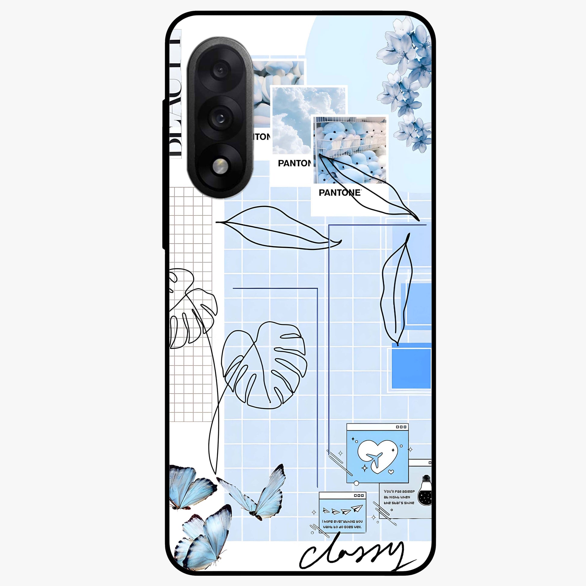Blue Aesthetic Flower Glass Case for 1+Nord 5 elegant front view featuring soft blue floral artwork