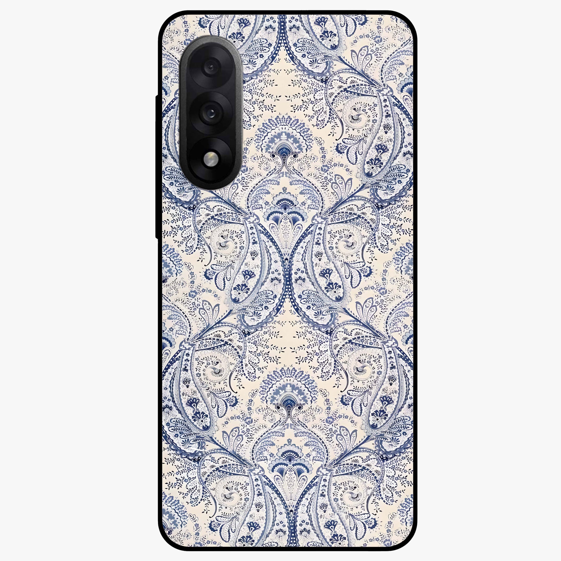 Blue Paisley Bloom Glass Case for 1+Nord 5 intricate front view featuring paisley floral artwork in rich blue tones