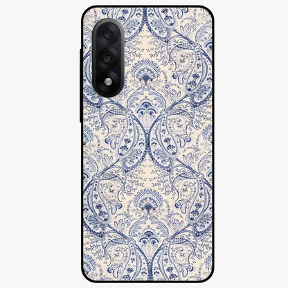 Blue Paisley Bloom Glass Case for 1+Nord 5 intricate front view featuring paisley floral artwork in rich blue tones