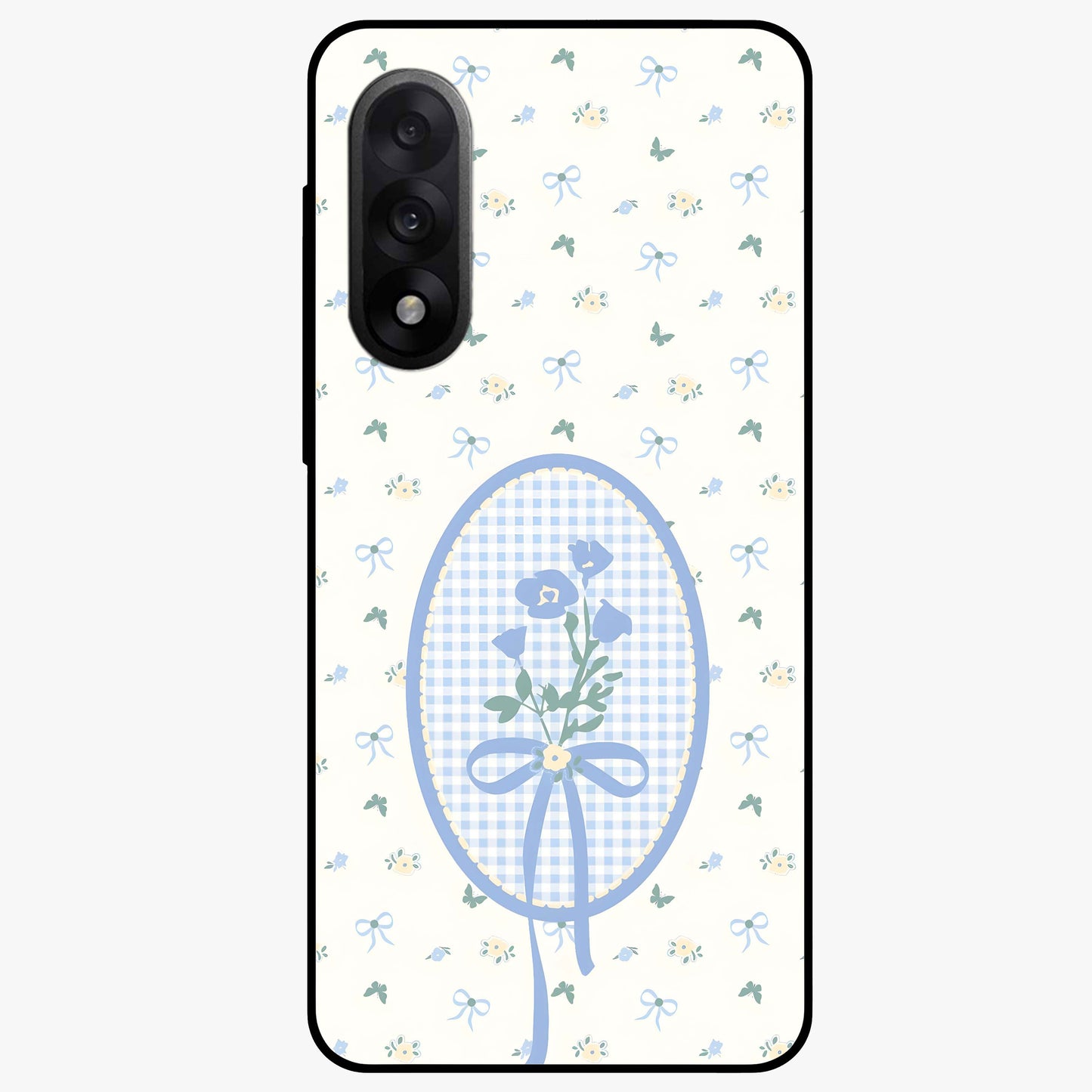 Blue Ribbon Bloom Glass Case for 1+Nord 5 elegant front view featuring soft floral artwork with ribbon accents