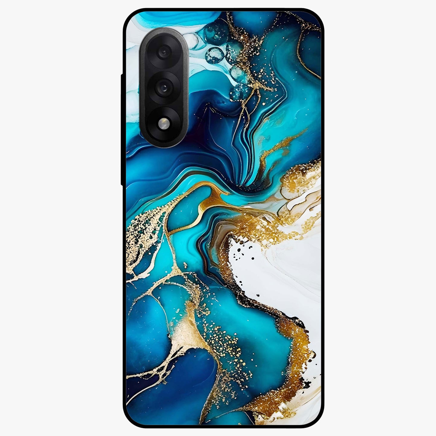 Blue and White Marble With Golden Viens Art Glass Case for 1+Nord 5 luxurious front view featuring marble texture with golden vein detailing