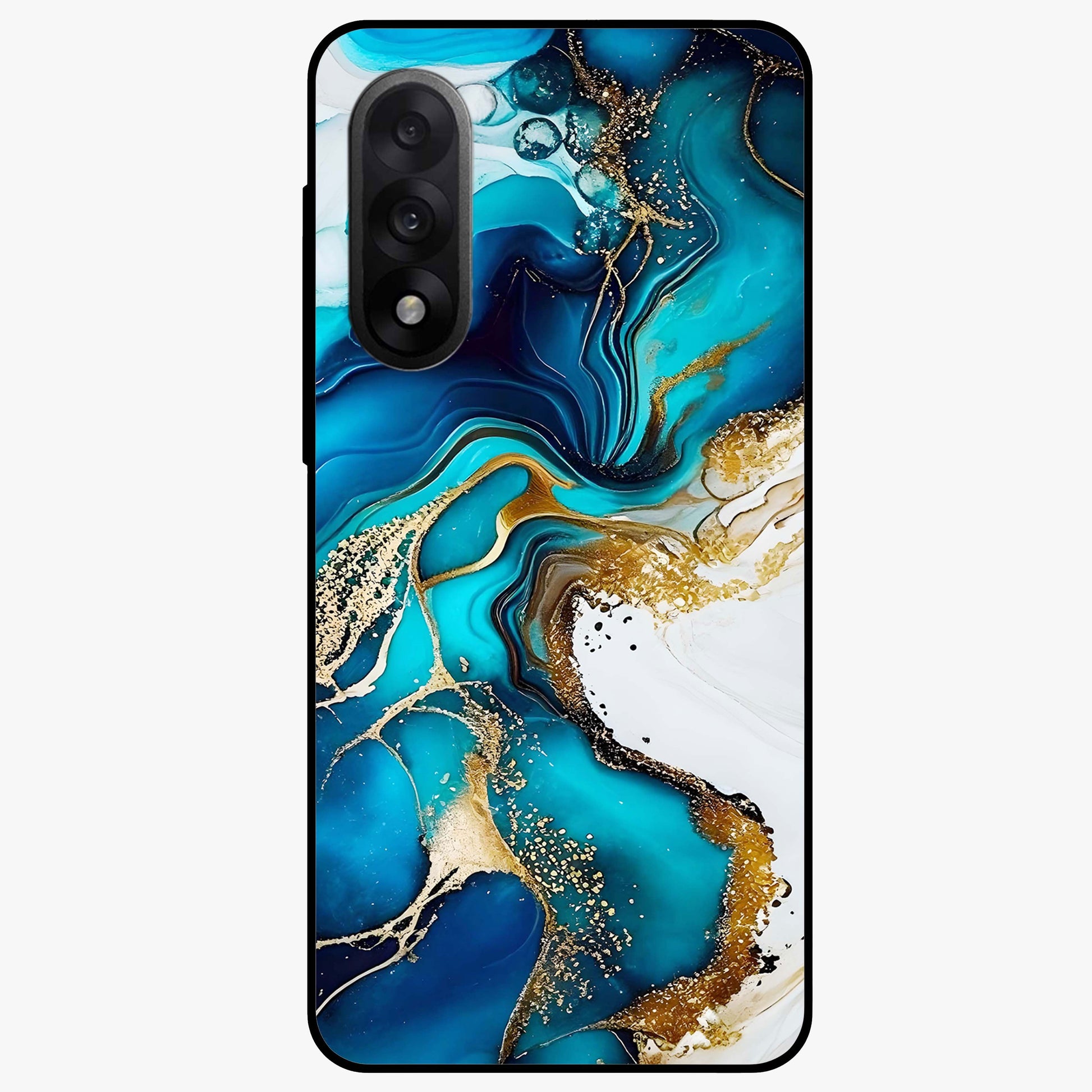 Blue and White Marble With Golden Viens Art Glass Case for 1+Nord 5 luxurious front view featuring marble texture with golden vein detailing