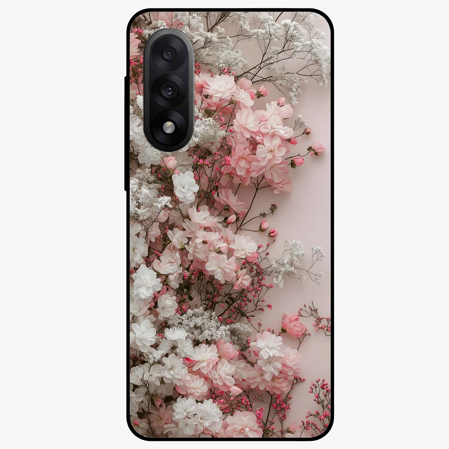 Blush Blossom Cloud Glass Case for 1+Nord 5 dreamy front view featuring soft blossom artwork with cloud inspired tones
