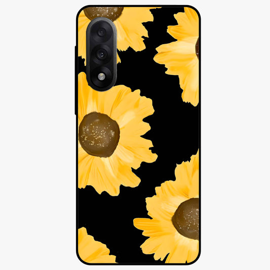 Bold Sunflowers Glow Glass Case for 1+Nord 5 vibrant front view featuring radiant sunflower artwork with warm golden tones