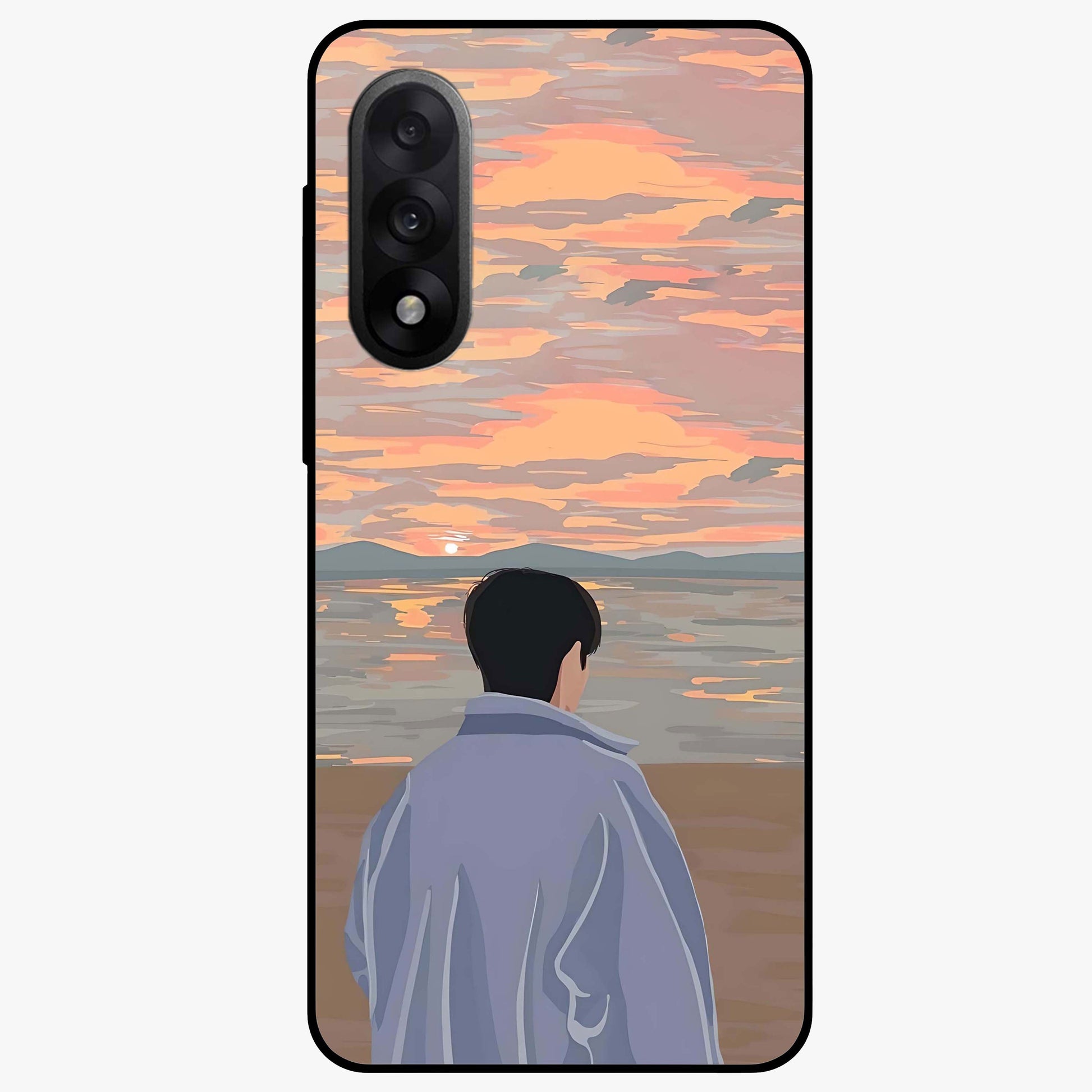 Boy Facing Sunset Beach Glass Case for 1+Nord 5 scenic front view featuring silhouette artwork against glowing sunset sky